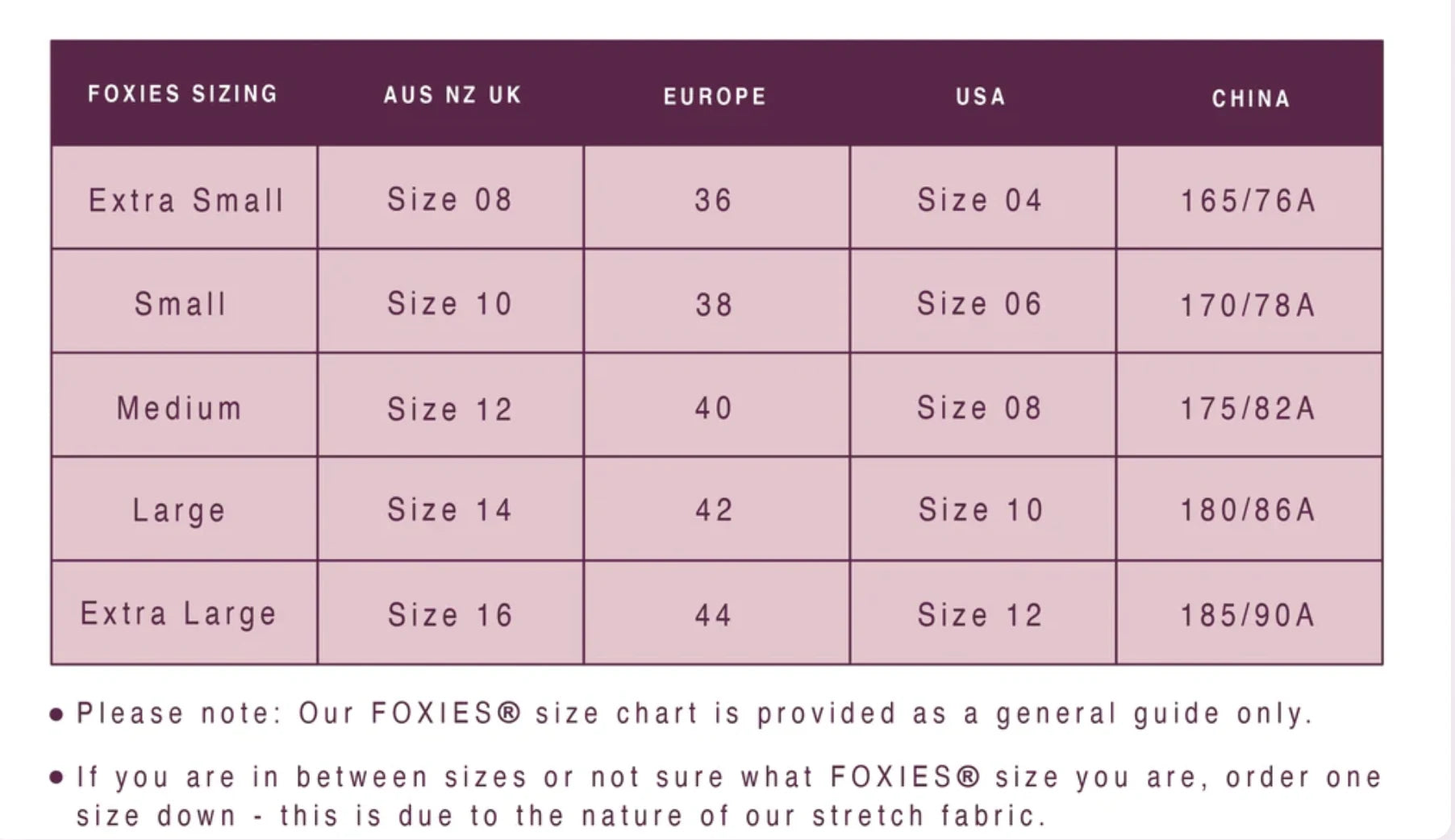 Foxies sizing chart